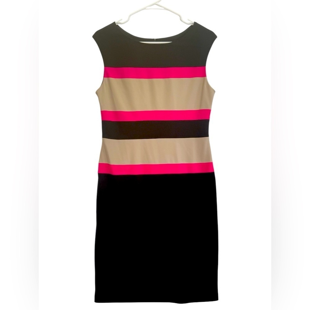 Joseph Ribkoff Chic Pink and Black Striped Sleeveless Dress. Size 8